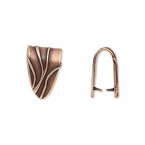 Bail, JBB Findings, ice-pick, antique copper-plated brass, 15x10mm shield with lines, 11.5mm grip length. Sold individually.