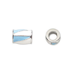 Bead, Dione&reg;, imitation rhodium-finished &quot;pewter&quot; (zinc-based alloy) and enamel, opaque turquoise blue and white, 12x9mm barrel with triangle design, 5mm hole. Sold individually.