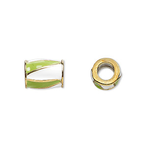 Bead, Dione&reg;, gold-finished &quot;pewter&quot; (zinc-based alloy) and enamel, opaque lime green and white, 12x9mm barrel with triangle design, 5mm hole. Sold individually.