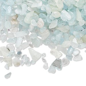 Inlay chip, aquamarine (heated), small undrilled tumbled polished chip, Mohs hardness 7-1/2 to 8. Sold per 2-ounce pkg, approximately 960-1,100 chips.