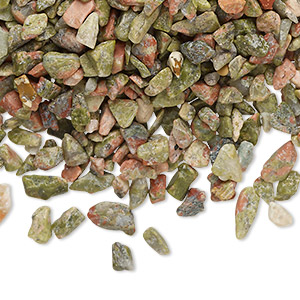 Inlay chip, unakite (natural), mini undrilled tumbled polished chip, Mohs hardness 6 to 7. Mini chips range in size from approximately 1mm to 9mm. Sold per 2-ounce pkg.