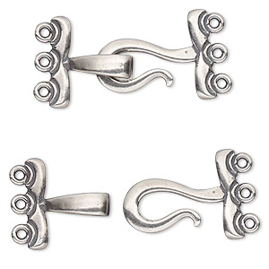 Clasp, JBB Findings, 3-strand hook-and-eye, antique silver-plated brass, 28x15mm. Sold individually.