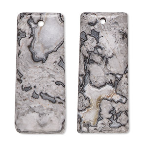 Focal, black lace marble (natural), 35x15mm hand-cut puffed rectangle, B grade, Mohs hardness 3. Sold per pkg of 2.