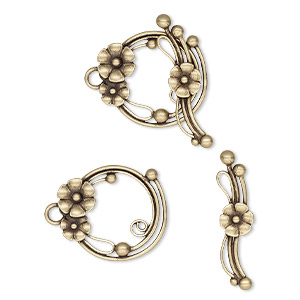 Clasp, JBB Findings, toggle, antiqued brass, 22x19mm round with flowers and balls. Sold individually.