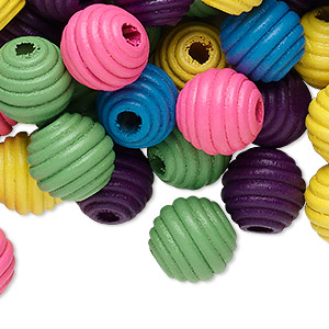 Bead mix, painted Korean boxwood, mixed colors, 16x15mm fluted round. Sold per 1/4 pound pkg, approximately 100 beads.