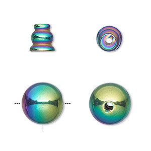 Bead, electroplated Hemalyke&#153; (man-made), rainbow, 12mm T-drilled round and 8x7.5mm cone. Sold per pkg of 2.