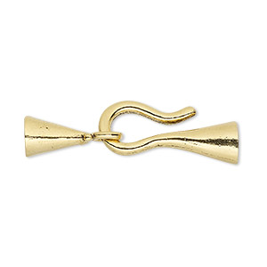 Clasp, hook-and-eye, antique gold-plated pewter (tin-based alloy), 35x10mm with smooth cone and glue-in ends, 4.5mm inside diameter. Sold individually.