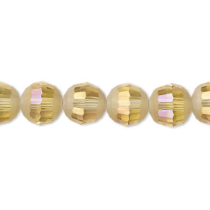 Bead, Celestial Crystal&reg;, 96-facet, translucent golden champagne AB half matte, 10mm faceted round. Sold per 8-inch strand, approximately 20 beads.