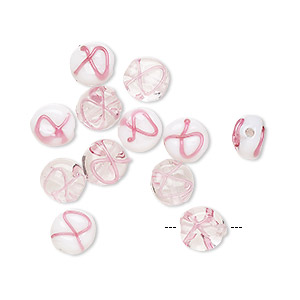 Bead, lampworked glass, transparent clear / opaque white / pink, 7mm double-sided flat round with awareness ribbon. Sold per pkg of 12.