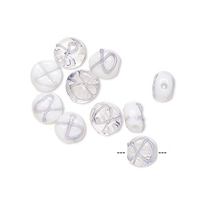 Bead, lampworked glass, transparent clear / opaque white / periwinkle, 7mm double-sided flat round with awareness ribbon. Sold per pkg of 12.
