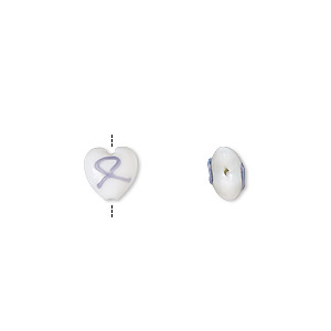 Bead, lampworked glass, opaque white and periwinkle, 14x14mm double-sided puffed heart with awareness ribbon. Sold per pkg of 2.
