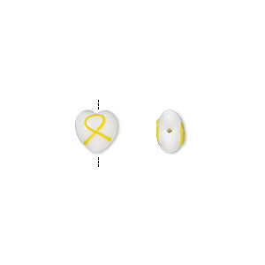 Bead, lampworked glass, opaque white and yellow, 14x14mm double-sided puffed heart with awareness ribbon. Sold per pkg of 2.