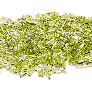 Bugle bead, Miyuki, glass, silver-lined translucent chartreuse, (TW14), 9x2mm twisted. Sold per 50-gram pkg.