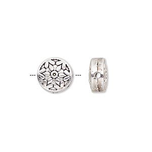 Bead, antique silver-finished &quot;pewter&quot; (zinc-based alloy), 10mm double-sided flat round with snowflake design. Sold per pkg of 10.