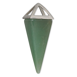 Focal, green aventurine (natural) and imitation rhodium-finished &quot;pewter&quot; (zinc-based alloy), 36x15mm-42x15mm 4-sided point. Sold individually.
