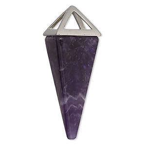 Focal, amethyst (natural) and imitation rhodium-finished &quot;pewter&quot; (zinc-based alloy), 42.5x15mm 4-sided point, Mohs hardness 7. Sold individually.