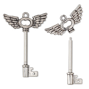 Focal, antique silver-finished &quot;pewter&quot; (zinc-based alloy) and brass, 62x43.5mm double-sided key with wings design and twist-off head, 32mm beadable length. Sold individually.
