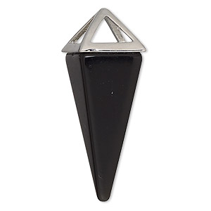 Focal, black obsidian (natural) and imitation rhodium-finished &quot;pewter&quot; (zinc-based alloy), 42.5x15mm 4-sided point, Mohs hardness 5 to 5-1/2. Sold individually.