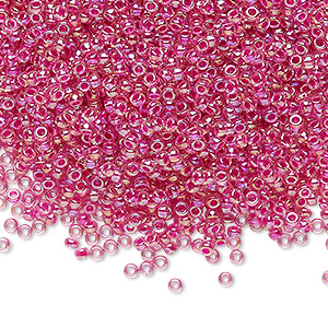 Seed bead, Miyuki, glass, translucent hot pink-lined rainbow crystal clear, (RR355), #11 rocaille. Sold per 250-gram pkg.