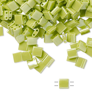 Bead, Miyuki, TILA&reg;, glass, opaque luster apple green, (TL439), 5mm square with (2) 0.8mm holes, fits up to 3mm beads. Sold per 10-gram pkg.
