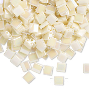 Bead, Miyuki, TILA&reg;, glass, opaque rainbow ivory, (TL486), 5mm square with (2) 0.8mm holes, fits up to 3mm beads. Sold per 10-gram pkg.