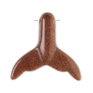 Focal, brown goldstone (man-made), 34x32mm side-drilled double-sided carved whale tail. Sold individually.