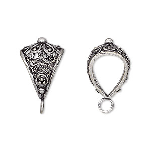 Bail, antique silver-plated brass, 18x13mm filigree with flower design and closed loop, 10mm hole. Sold per pkg of 2.