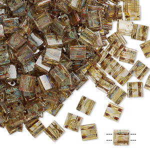Bead, Miyuki, TILA&reg;, glass, transparent Picasso light amber, (TL4501), 5mm square with (2) 0.8mm holes, fits up to 3mm beads. Sold per 40-gram pkg.