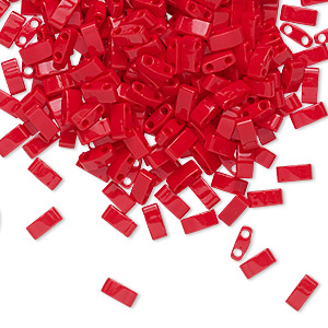 Bead, Miyuki, half TILA&reg;, glass, opaque red, (HTL408), 5x2.3mm rectangle with (2) 0.8mm holes, fits up to 3mm beads. Sold per 10-gram pkg.