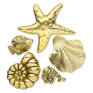 Focal / bead / charm, antique gold-finished &quot;pewter&quot; (zinc-based alloy), 24x22mm-59x55mm single- and double-sided assorted sea life. Sold per pkg of 5.