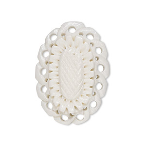 Focal, camel bone (bleached), white, 31x22mm cutout oval with flower, Mohs hardness 2-1/2. Sold individually.