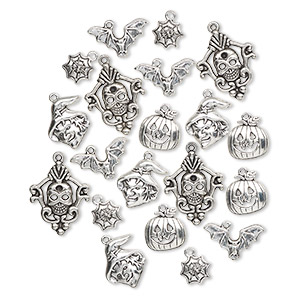 Charm, antique silver-plated &quot;pewter&quot; (zinc-based alloy), 17x16mm-29x23mm assorted single-sided Halloween theme. Sold per pkg of 20.