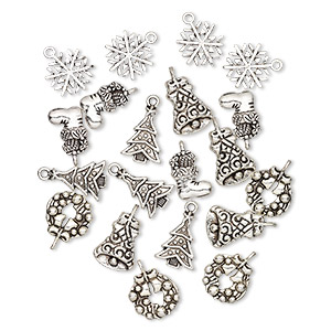 Charm, antique silver-plated &quot;pewter&quot; (zinc-based alloy), 16x13mm-20x15mm single- and double-sided assorted Christmas theme. Sold per pkg of 20.