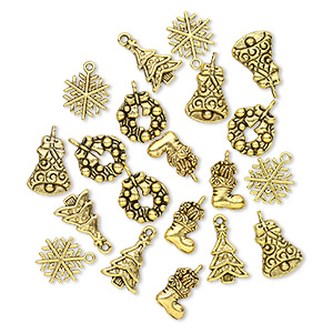 Charm, antique gold-finished &quot;pewter&quot; (zinc-based alloy), 16x13mm-20x15mm single- and double-sided assorted Christmas theme. Sold per pkg of 20.