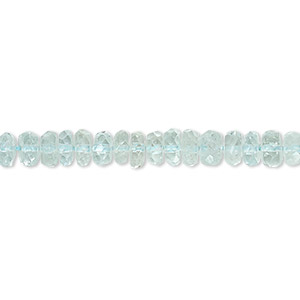 Bead, goshenite (dyed), aqua blue, 5x2mm-6x4mm hand-cut faceted rondelle, B grade, Mohs hardness 7-1/2 to 8. Sold per 14-inch strand.