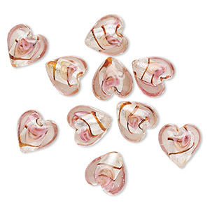 Bead, lampworked glass, multicolored with silver-colored foil, 12x12mm puffed heart with line design. Sold per pkg of 10.