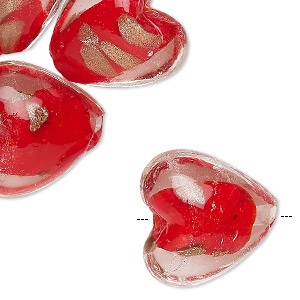 Bead, lampworked glass, clear and red with copper-colored glitter, 20x20mm puffed heart. Sold per pkg of 10.