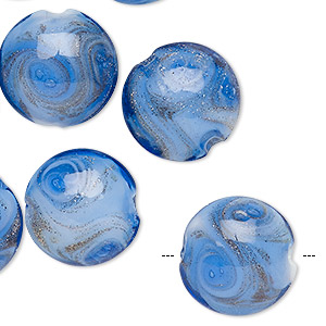 Bead, lampworked glass, blue and white with copper-colored glitter, 16mm puffed flat round with swirl design. Sold per pkg of 10.