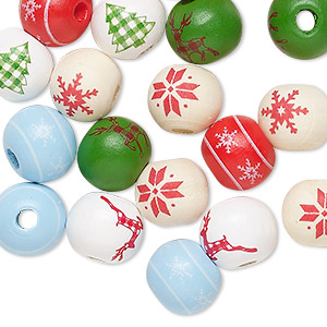 Bead mix, Korean boxwood, mixed colors, 10mm round with holiday designs. Sold per pkg of 20.