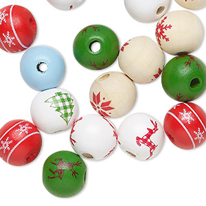Bead mix, Korean boxwood, mixed colors, 14mm round with holiday designs. Sold per pkg of 20.