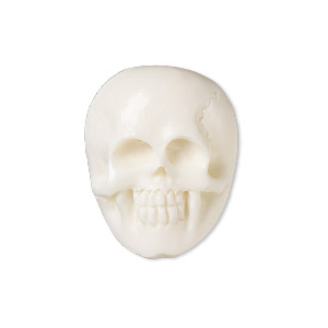 Component, bone (bleached), 26x20mm hand-carved single-sided skull, Mohs hardness 2-1/2. Sold individually.