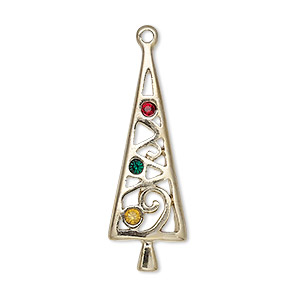 Charm, enamel / crystals / gold-finished &quot;pewter&quot; (zinc-based alloy), red / green / yellow, 34x11mm single-sided Christmas tree. Sold individually.