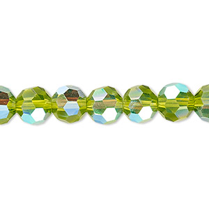 Bead, Celestial Crystal&reg;, 32-facet, transparent peridot green AB, 8mm faceted round. Sold per 15-1/2&quot; to 16&quot; strand, approximately 50 beads.