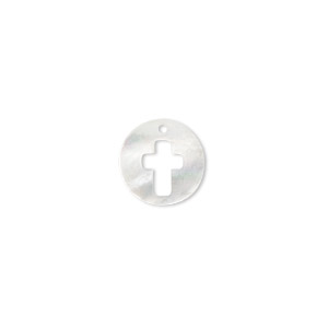 Drop, mother-of-pearl shell (bleached), 12mm round with cross cutout, Mohs hardness 3-1/2. Sold individually.