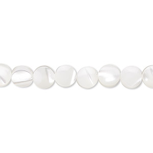 Bead, mother-of-pearl shell (bleached), white, 6mm flat round, Mohs hardness 3-1/2. Sold per 15-1/2&quot; to 16&quot; strand.