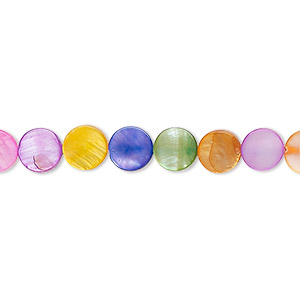 Bead, freshwater pearl shell (dyed), mixed colors, 6mm flat round, Mohs hardness 3-1/2. Sold per 15-1/2&quot; to 16&quot; strand.
