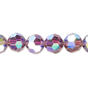 Bead, Celestial Crystal&reg;, 32-facet, transparent amethyst purple AB, 10mm faceted round. Sold per 15-1/2&quot; to 16&quot; strand, approximately 40 beads.
