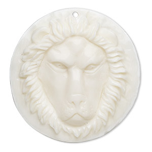 Focal, bone (bleached), 34mm hand-carved top-drilled single-sided lion face, Mohs hardness 2-1/2. Sold individually.