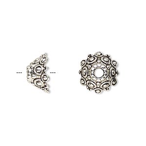 Bead cap, antique silver-finished &quot;pewter&quot; (zinc-based alloy), 12x7mm round with dots and scalloped edges, 3mm hole, fits 10-14mm bead. Sold per pkg of 20.