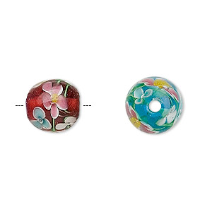 Bead mix, lampworked glass, mixed colors, 14x12mm barrel with flowers, 2.8-2.9mm hole. Sold per pkg of 2.
